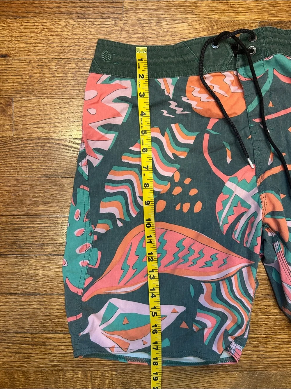 Volcom Dark Green Swim Shorts with Coral & Mint Tropical Print - Size 32